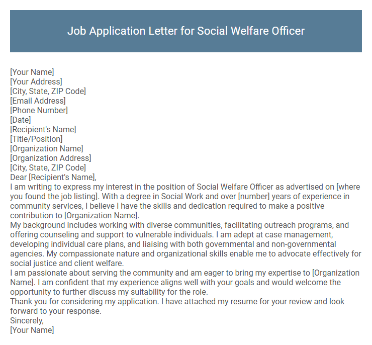 Job Application Letter for Social Welfare Officer