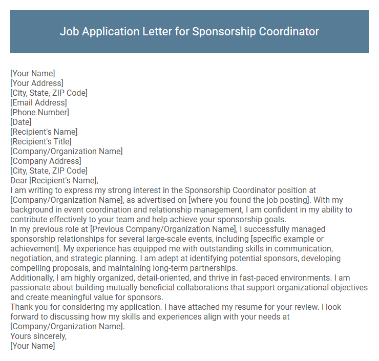 Job Application Letter for Sponsorship Coordinator