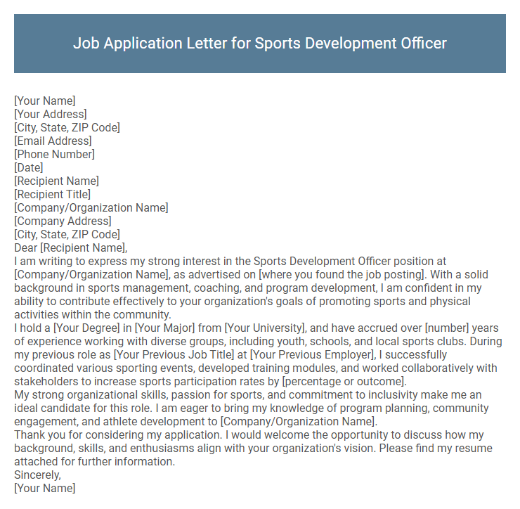 Job Application Letter for Sports Development Officer