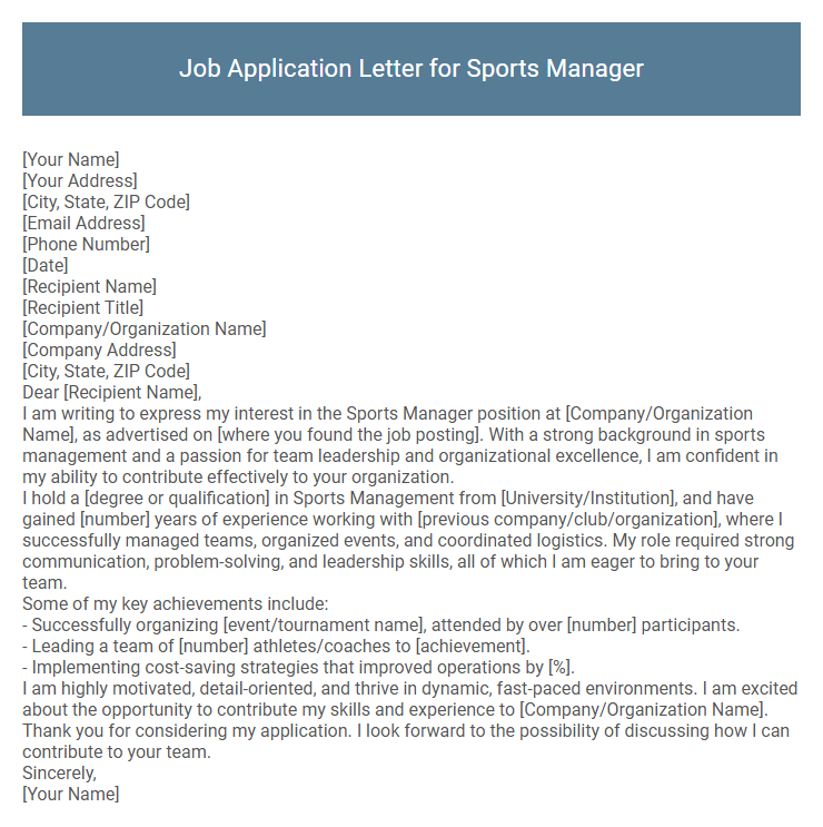Job Application Letter for Sports Manager