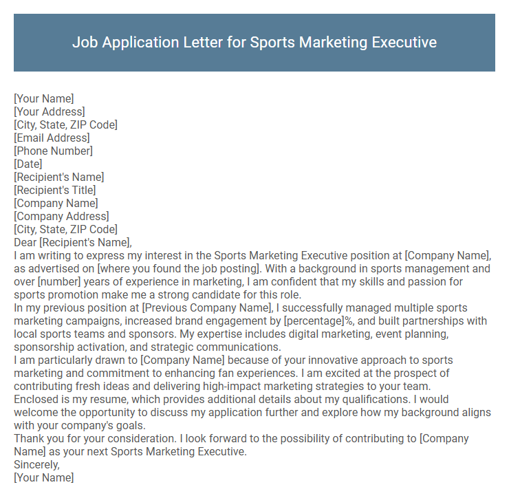 Job Application Letter for Sports Marketing Executive