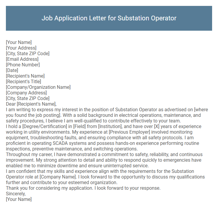 Job Application Letter for Substation Operator