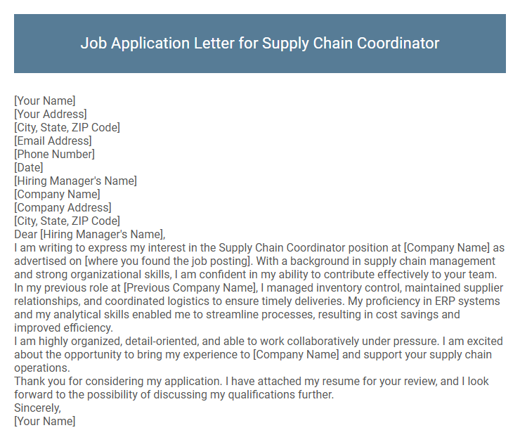 Job Application Letter for Supply Chain Coordinator