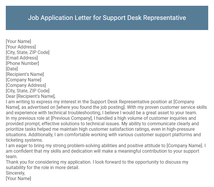 Job Application Letter for Support Desk Representative