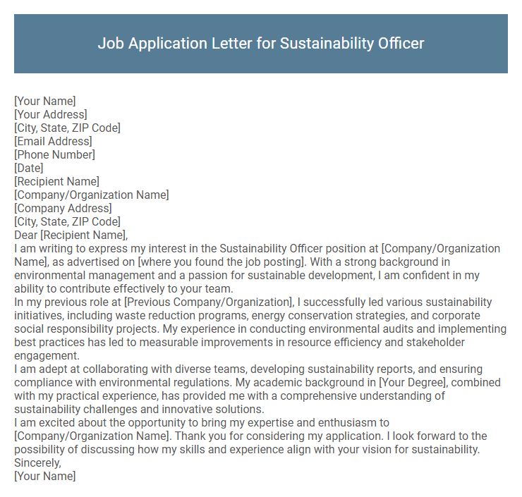 Job Application Letter for Sustainability Officer