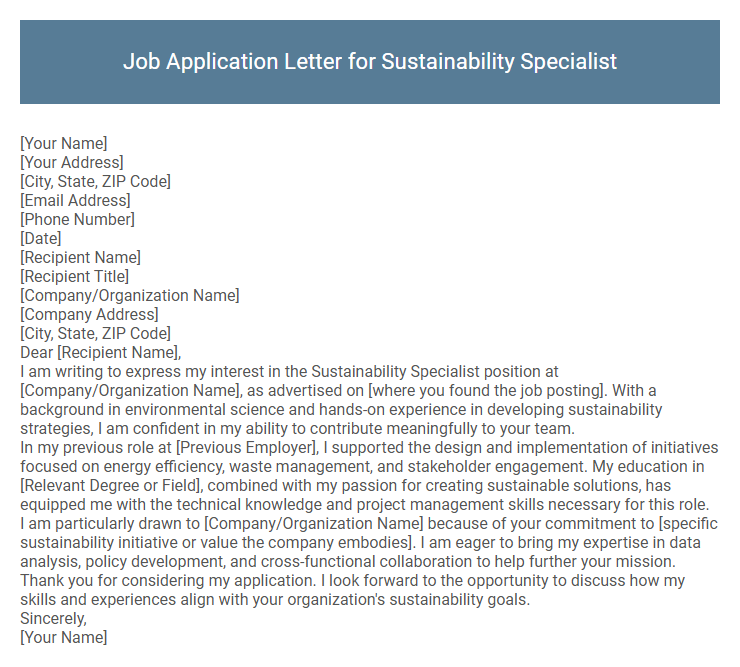 Job Application Letter for Sustainability Specialist