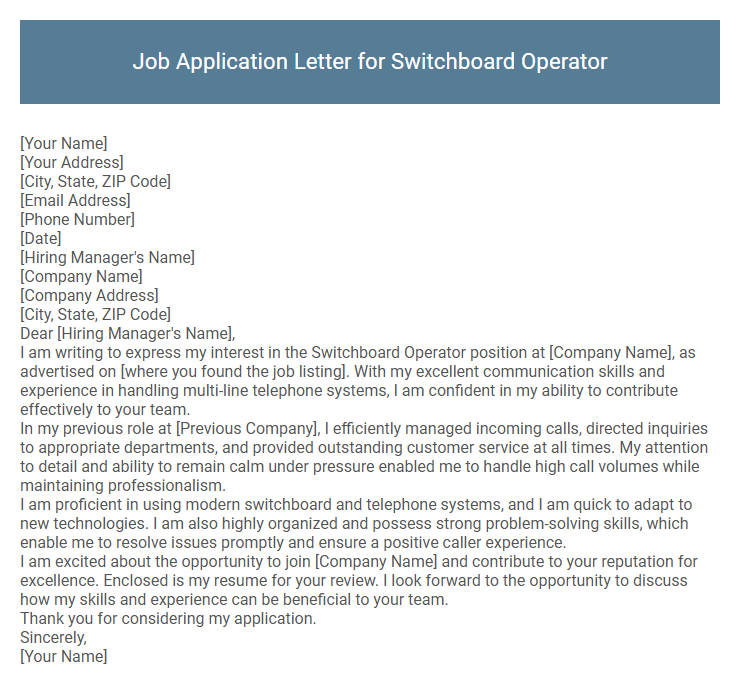 Job Application Letter for Switchboard Operator