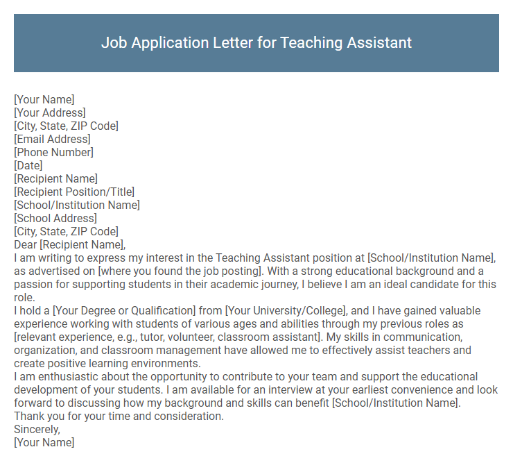 Job Application Letter for Teaching Assistant