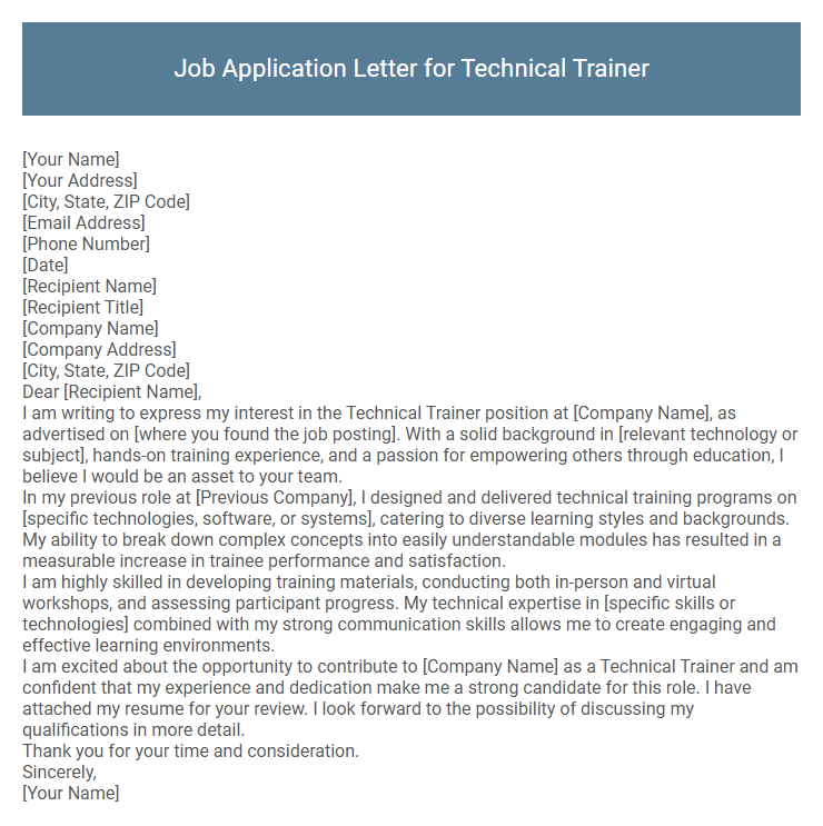 Job Application Letter for Technical Trainer