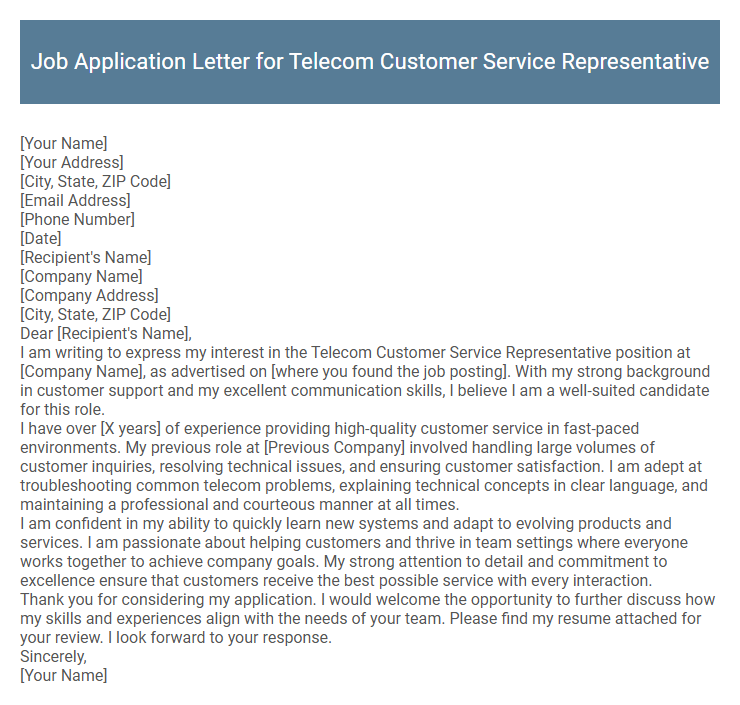 Job Application Letter for Telecom Customer Service Representative
