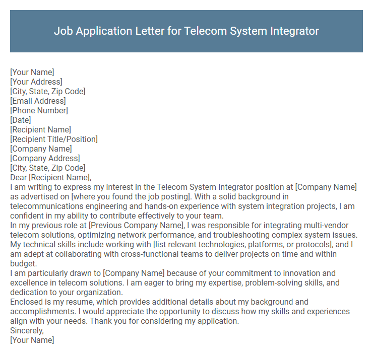 Job Application Letter for Telecom System Integrator