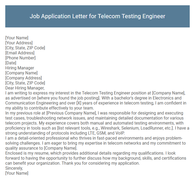Job Application Letter for Telecom Testing Engineer