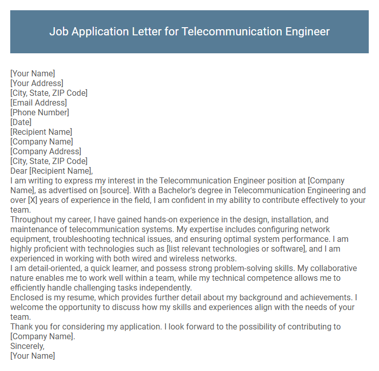 Job Application Letter for Telecommunication Engineer