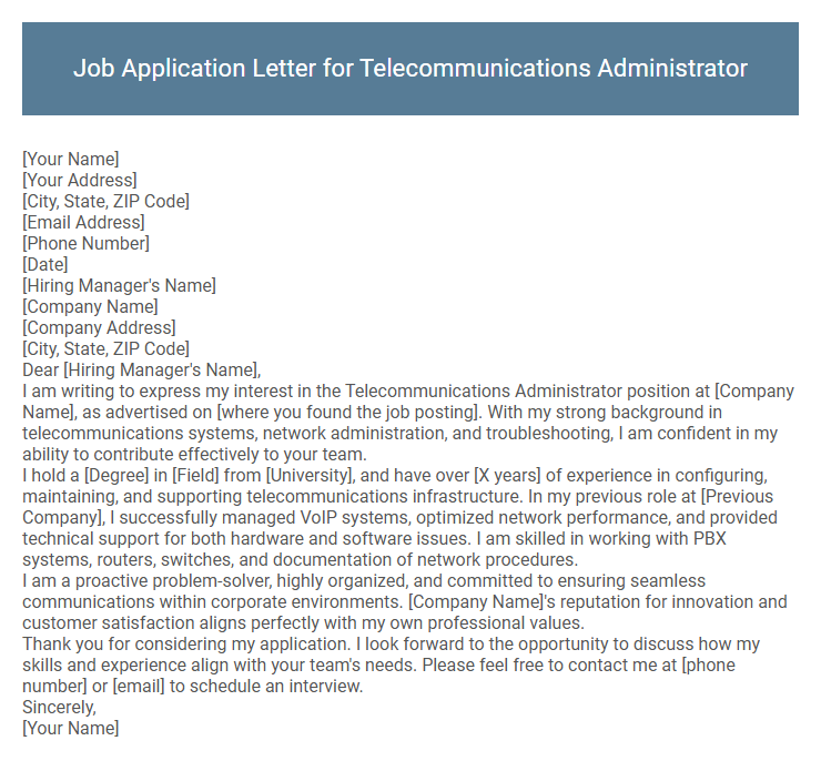 Job Application Letter for Telecommunications Administrator