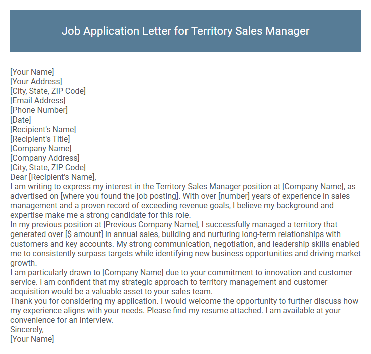 Job Application Letter for Territory Sales Manager