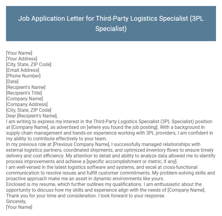 Job Application Letter for Third-Party Logistics Specialist (3PL Specialist)