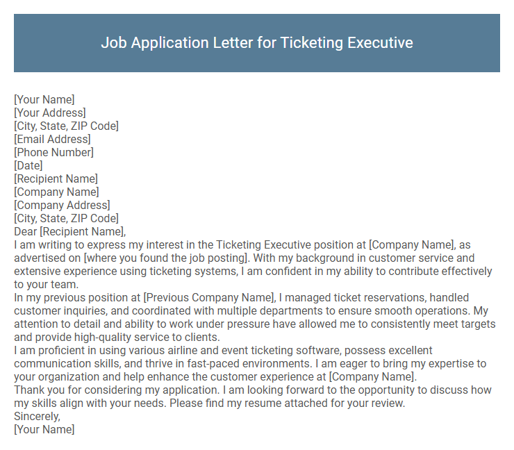 Job Application Letter for Ticketing Executive