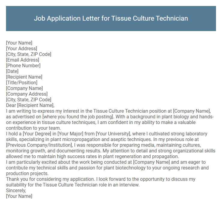 Job Application Letter for Tissue Culture Technician