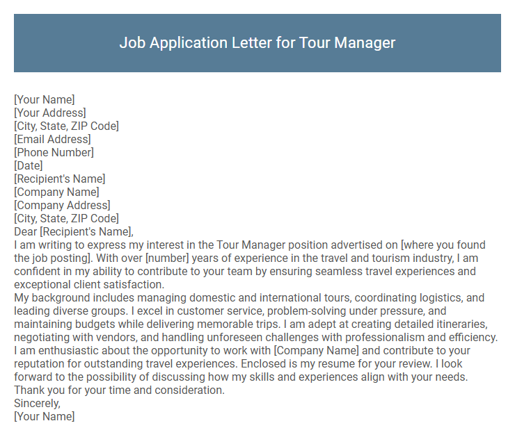 Job Application Letter for Tour Manager