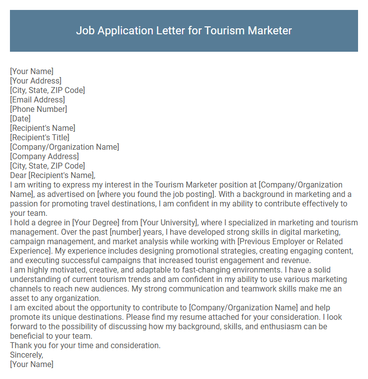 Job Application Letter for Tourism Marketer