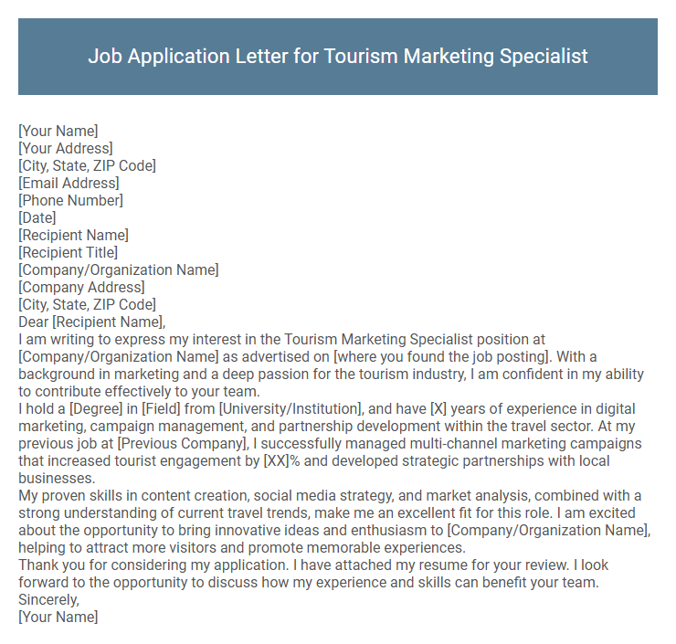 Job Application Letter for Tourism Marketing Specialist