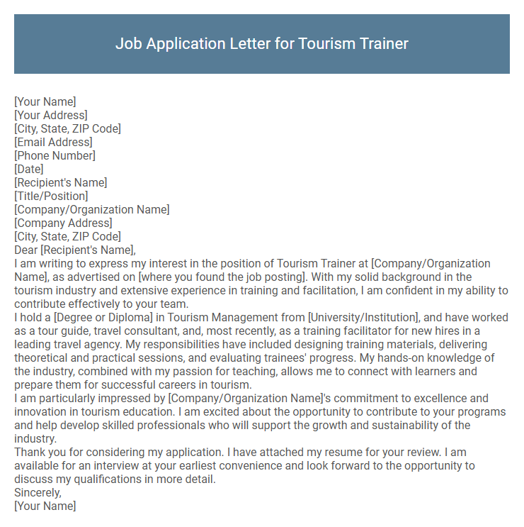 Job Application Letter for Tourism Trainer
