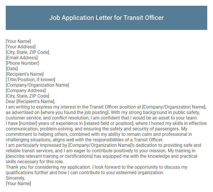 Job Application Letter for Transit Officer
