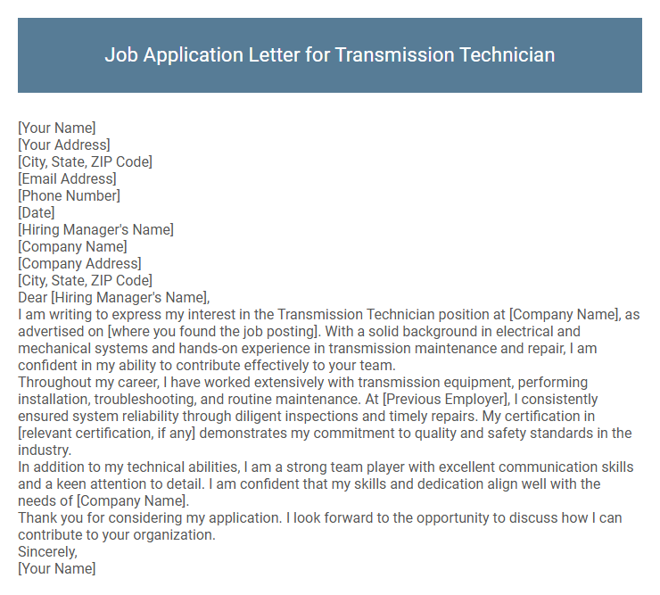 Job Application Letter for Transmission Technician