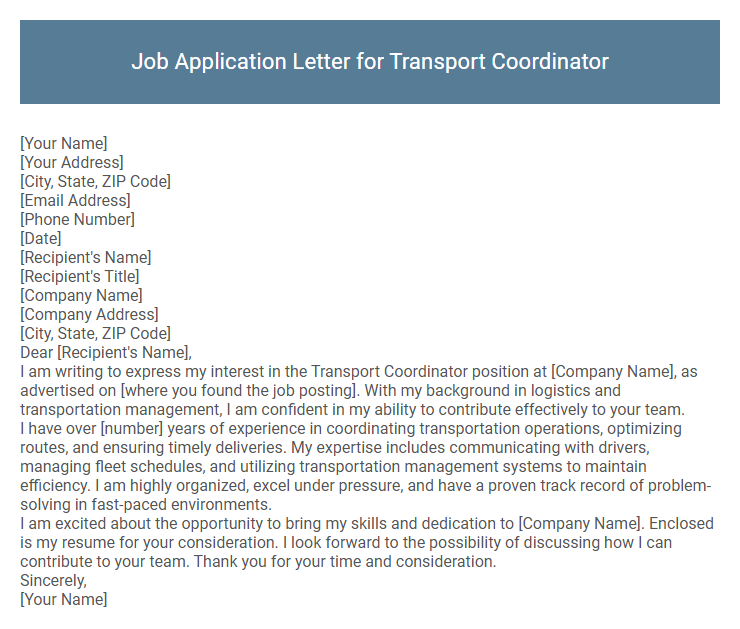 Job Application Letter for Transport Coordinator