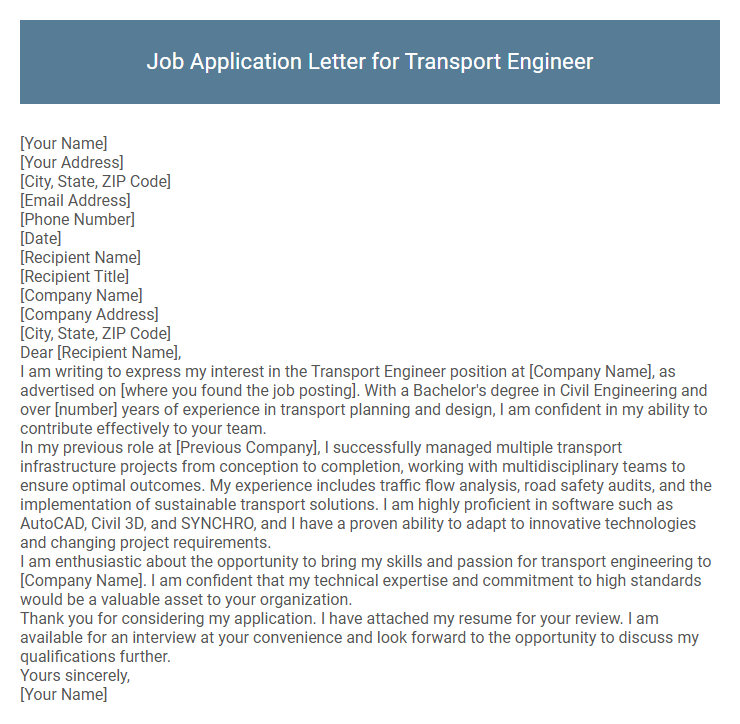 Job Application Letter for Transport Engineer