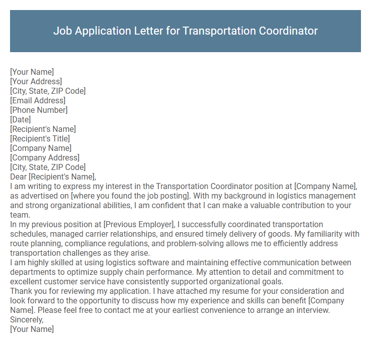 Job Application Letter for Transportation Coordinator