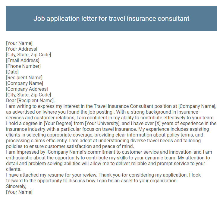Job application letter for travel insurance consultant
