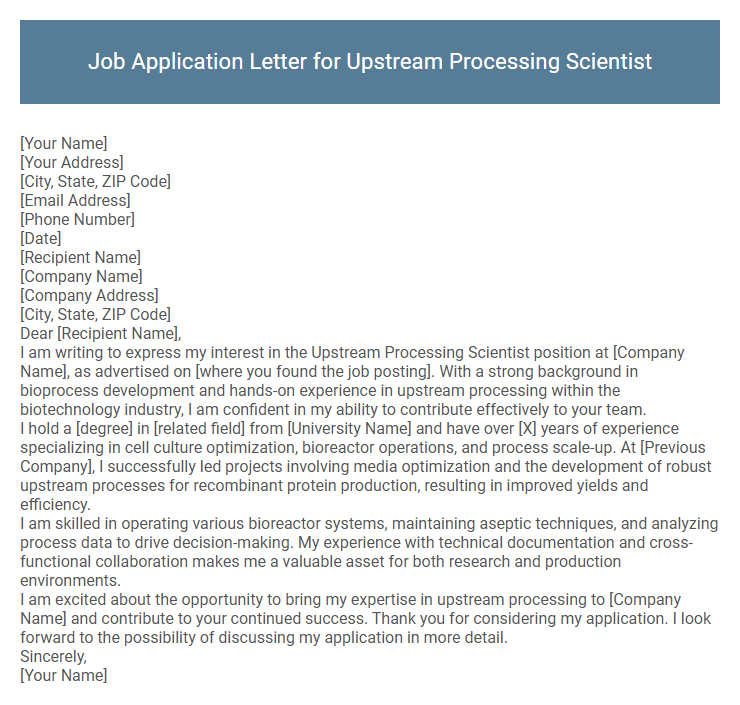 Job Application Letter for Upstream Processing Scientist