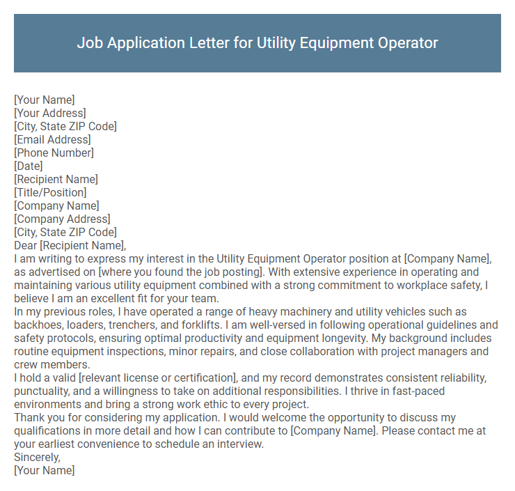 Job Application Letter for Utility Equipment Operator
