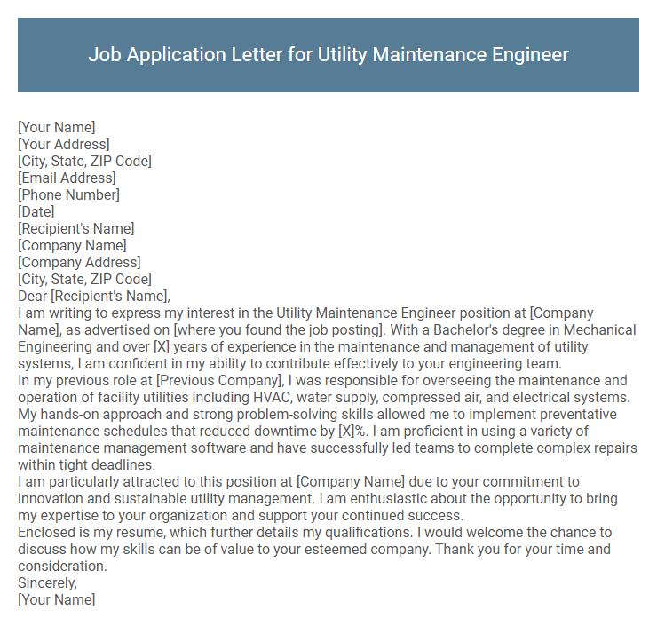 Job Application Letter for Utility Maintenance Engineer
