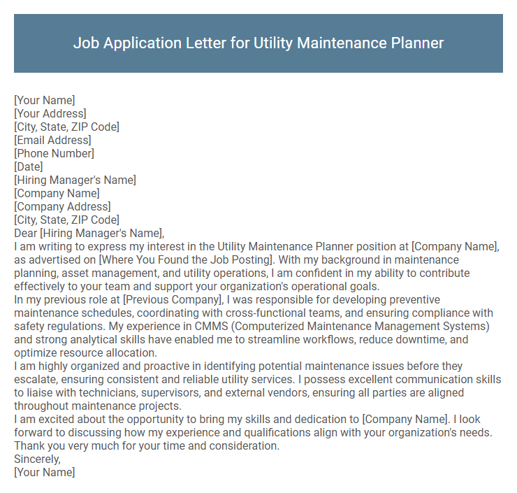 Job Application Letter for Utility Maintenance Planner