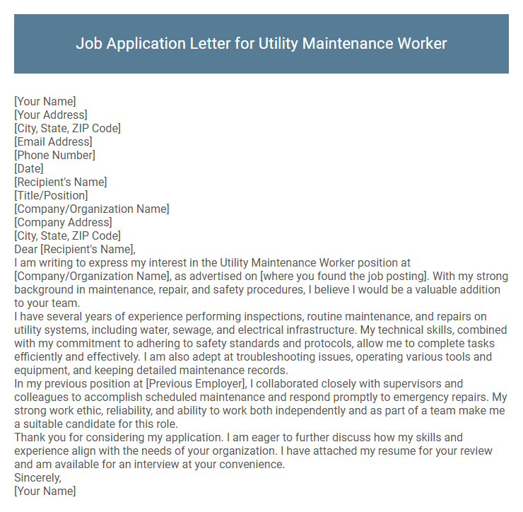 Job Application Letter for Utility Maintenance Worker