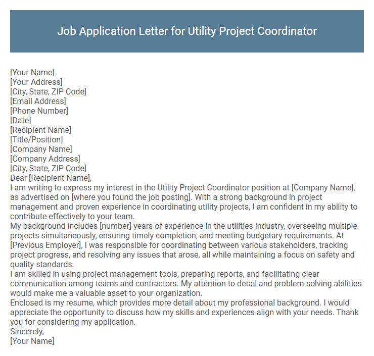 Job Application Letter for Utility Project Coordinator