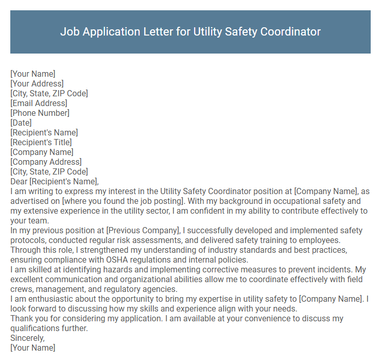 Job Application Letter for Utility Safety Coordinator