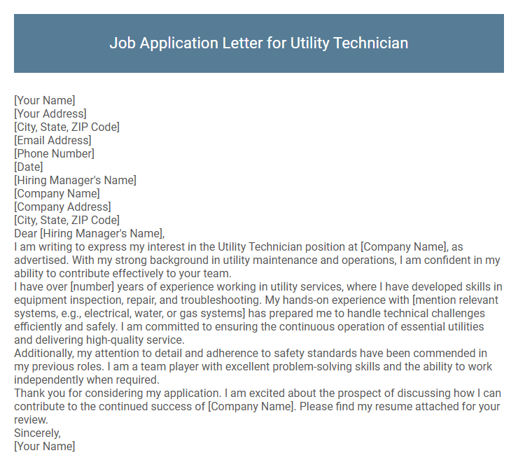 Job Application Letter for Utility Technician