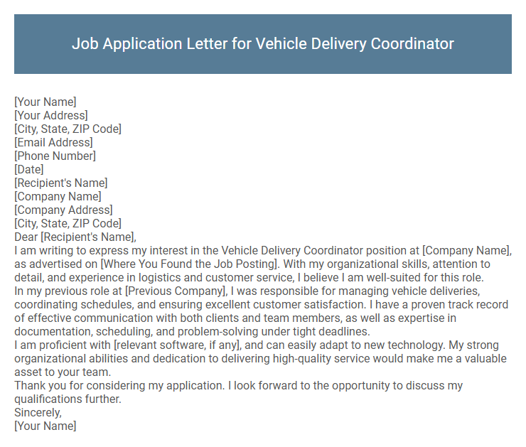 Job Application Letter for Vehicle Delivery Coordinator