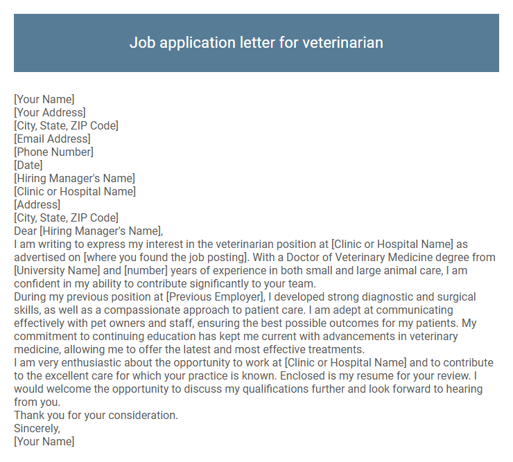 Job application letter for veterinarian