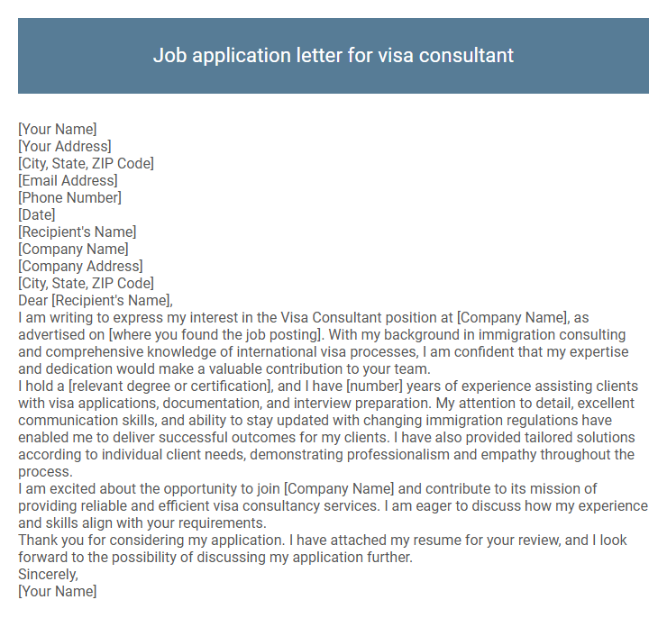 Job application letter for visa consultant
