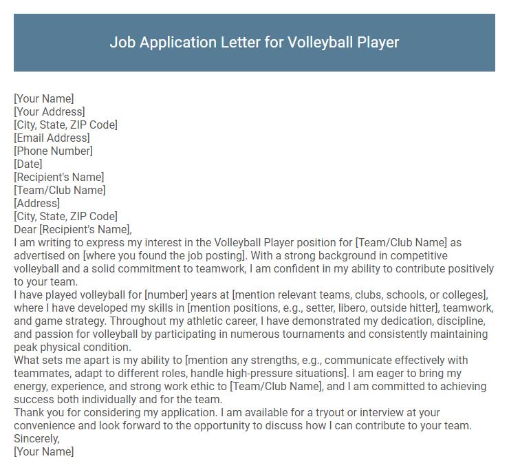 Job Application Letter for Volleyball Player