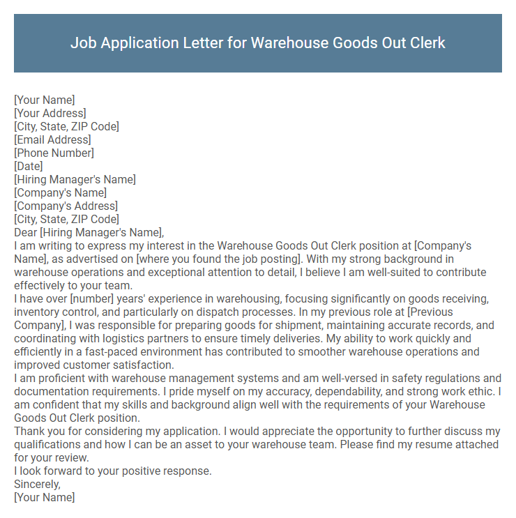 Job Application Letter for Warehouse Goods Out Clerk