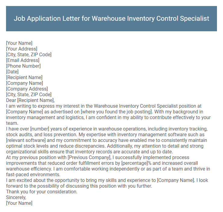 Job Application Letter for Warehouse Inventory Control Specialist