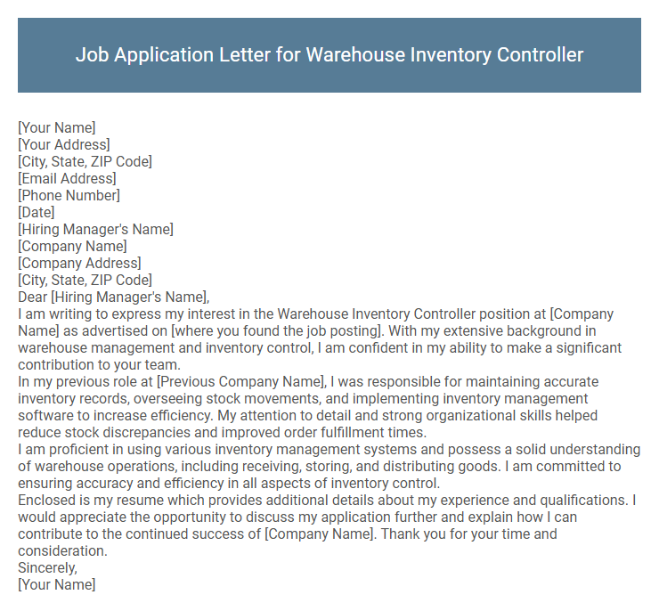 Job Application Letter for Warehouse Inventory Controller