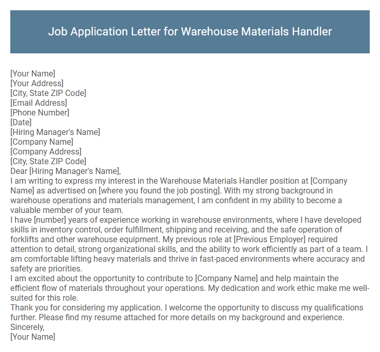 Job Application Letter for Warehouse Materials Handler