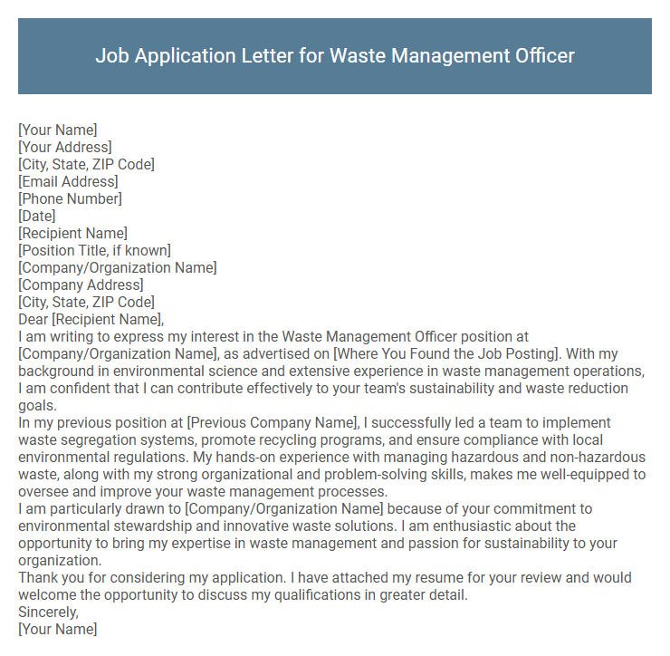 Job Application Letter for Waste Management Officer