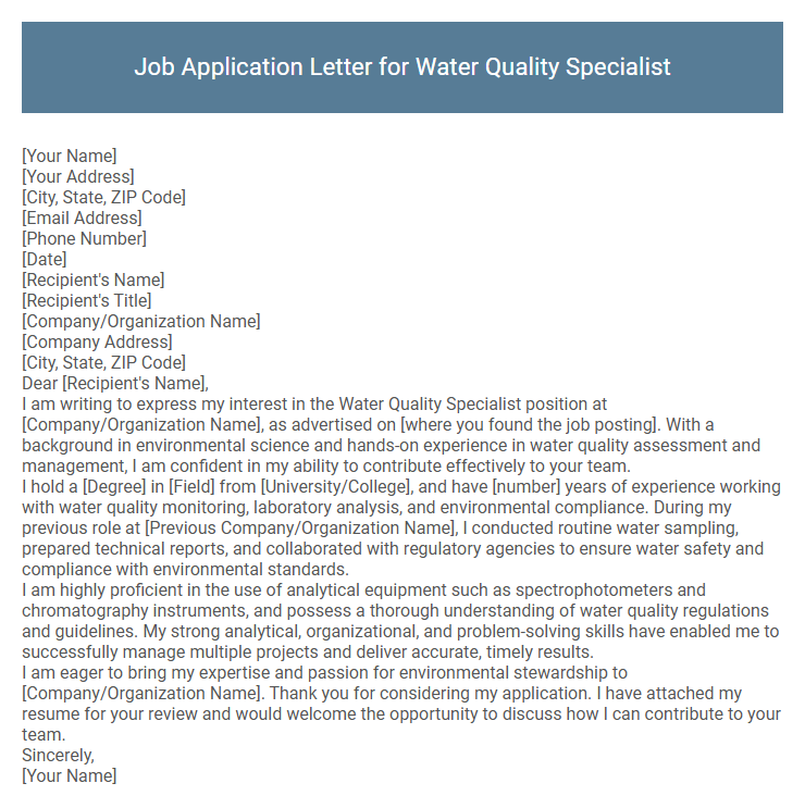 Job Application Letter for Water Quality Specialist